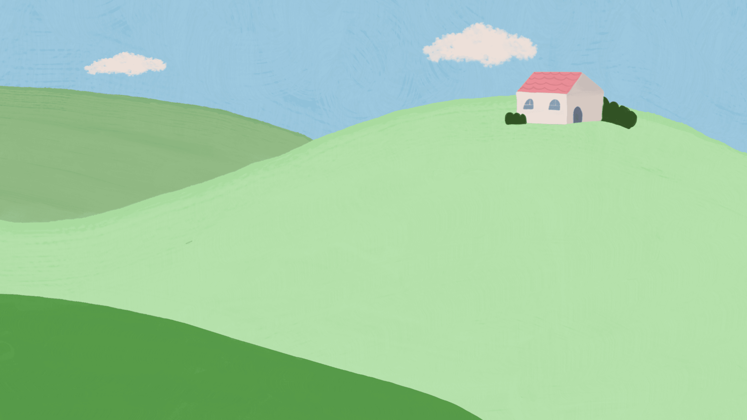 Hand-drawn hills under a calming sky